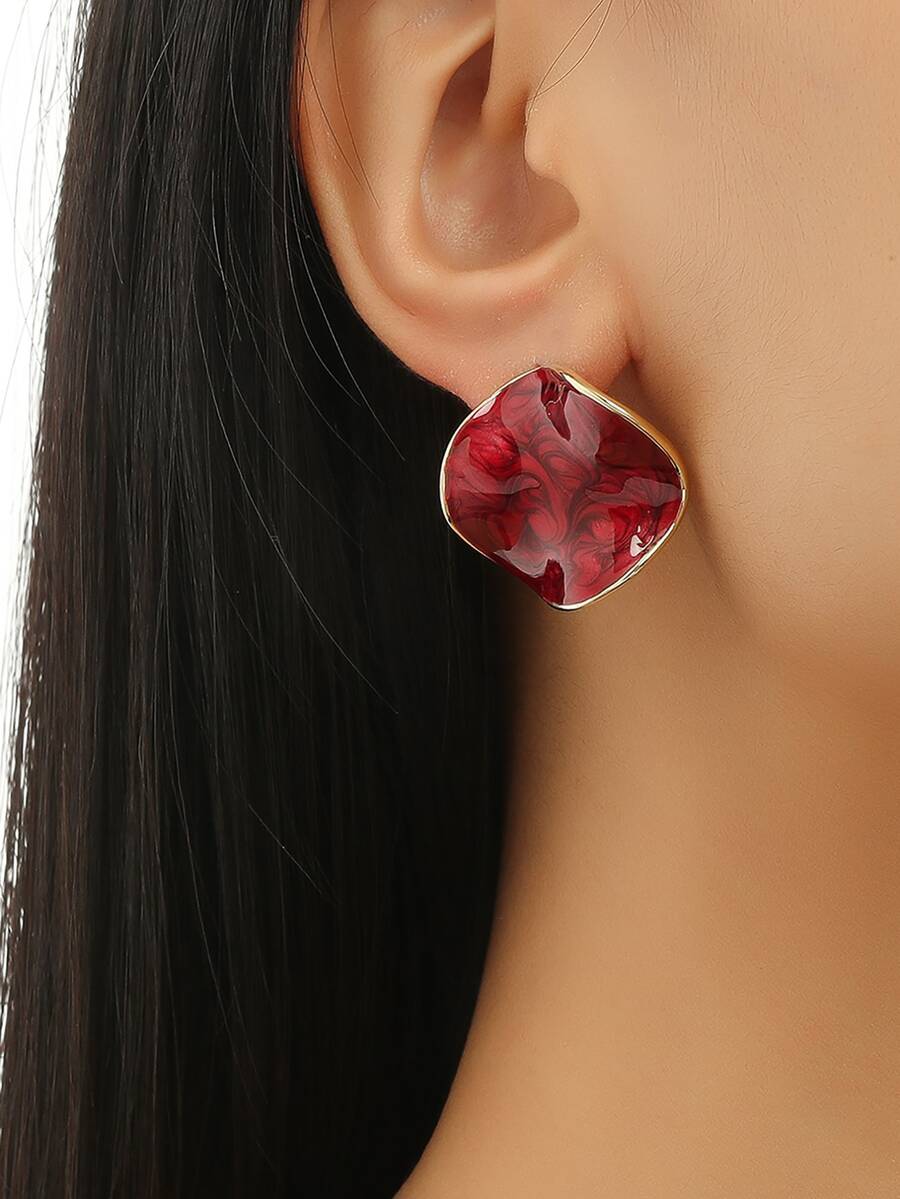 極簡風格幾何耳釘 - 紅色 - 查看 1