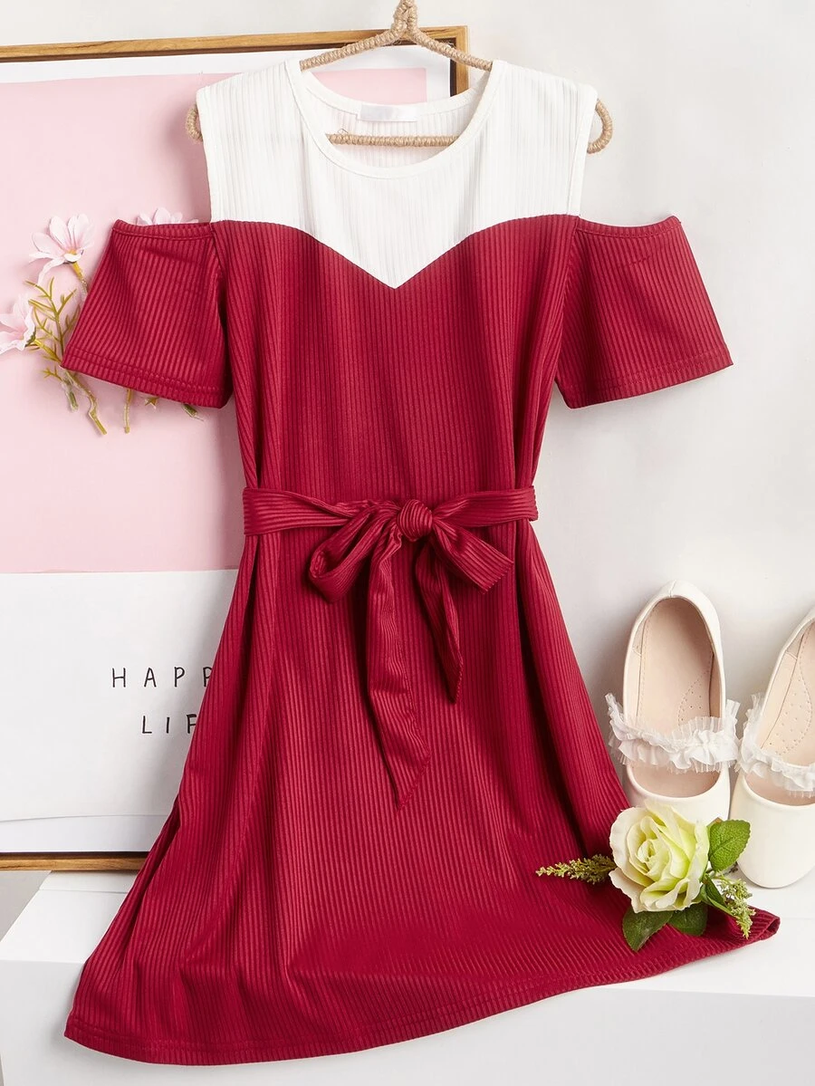 Đầm Gái Thắt lưng Cắt ra Gân đan Khối Màu Ăn mặc đẹp - Màu Đỏ Sâu - Xem 1