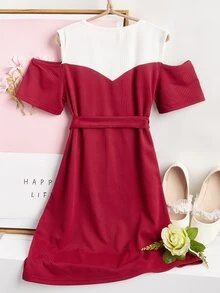 Đầm Gái Thắt lưng Cắt ra Gân đan Khối Màu Ăn mặc đẹp - Màu Đỏ Sâu - Xem 2