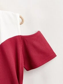 Đầm Gái Thắt lưng Cắt ra Gân đan Khối Màu Ăn mặc đẹp - Màu Đỏ Sâu - Xem 4