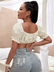 SHEIN SXY 深V領前打結打褶泡泡袖短款上衣 - 米色 - 查看 2