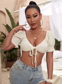 SHEIN SXY 深V領前打結打褶泡泡袖短款上衣 - 米色 - 查看 4