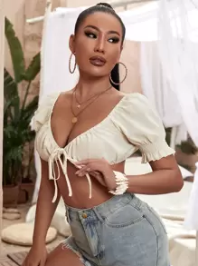 SHEIN SXY 深V領前打結打褶泡泡袖短款上衣 - 米色 - 查看 5