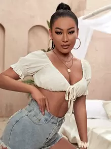 SHEIN SXY 深V領前打結打褶泡泡袖短款上衣 - 米色 - 查看 6