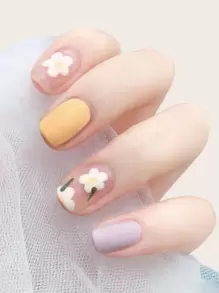 Elevate Your Style With 24pcs Long Square Floral Pattern Matte Fake Nail & 1pc Nail File & 1sheet Tape Press On Nails Nail Supplies - Multicolor - View 1