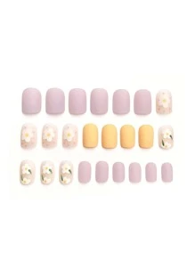 Elevate Your Style With 24pcs Long Square Floral Pattern Matte Fake Nail & 1pc Nail File & 1sheet Tape Press On Nails Nail Supplies - Multicolor - View 2