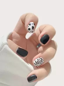 Transform Your Nails with 24pcs Long Square Black And White Milk Pattern Leopard Fake Nail & 1pc Nail File & 1sheet Tape - Black and White - View 1