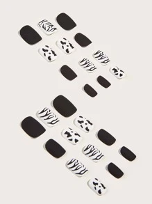 Transform Your Nails with 24pcs Long Square Black And White Milk Pattern Leopard Fake Nail & 1pc Nail File & 1sheet Tape - Black and White - View 2
