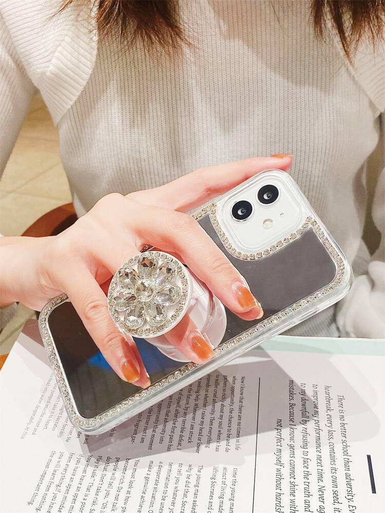 Rhinestone Decor Mirror Diamond Vỏ điện thoại có kẹp điện thoại nổi bật - Trong sáng - Xem 2