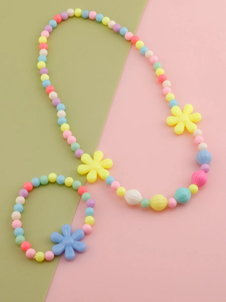 Niñas 2 piezas Set joya con diseño de flor al azar con cuenta - Multicolor - Ver 1