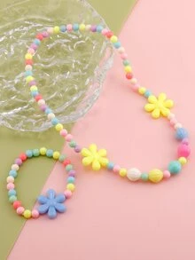 Niñas 2 piezas Set joya con diseño de flor al azar con cuenta - Multicolor - Ver 2