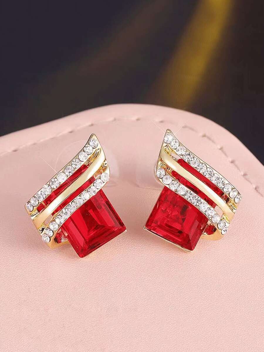 水鑽裝飾耳釘 - 紅色 - 查看 1