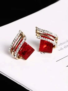 水鑽裝飾耳釘 - 紅色 - 查看 2