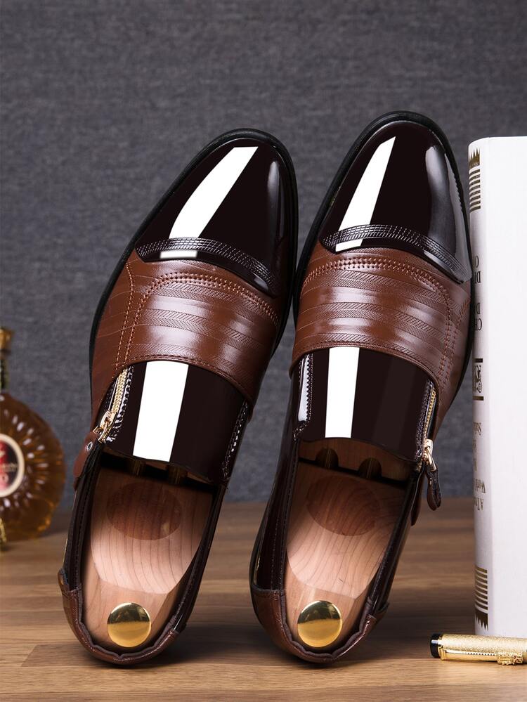 Men Side Zip Point Toe Dress Shoes - Brown - View 4