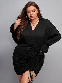 SHEIN Unity Đầm Plus Size Dây kéo màu trơn Giải trí - màu đen - Xem 5