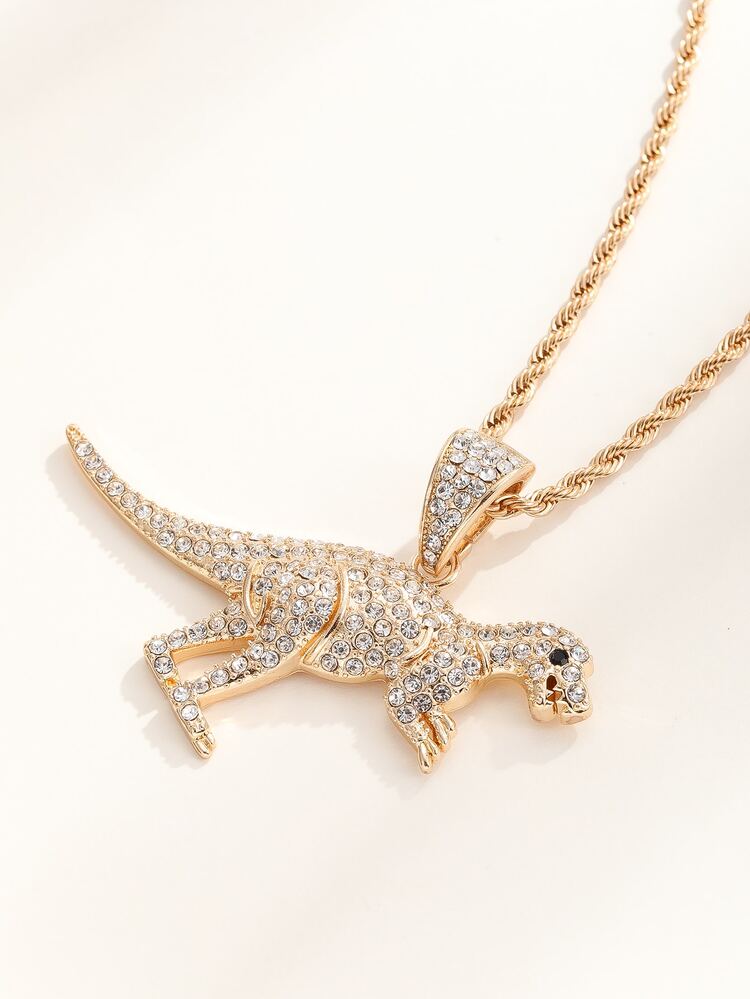 Rhinestone Dinosaur Charm Necklace - Yellow Gold - View 1