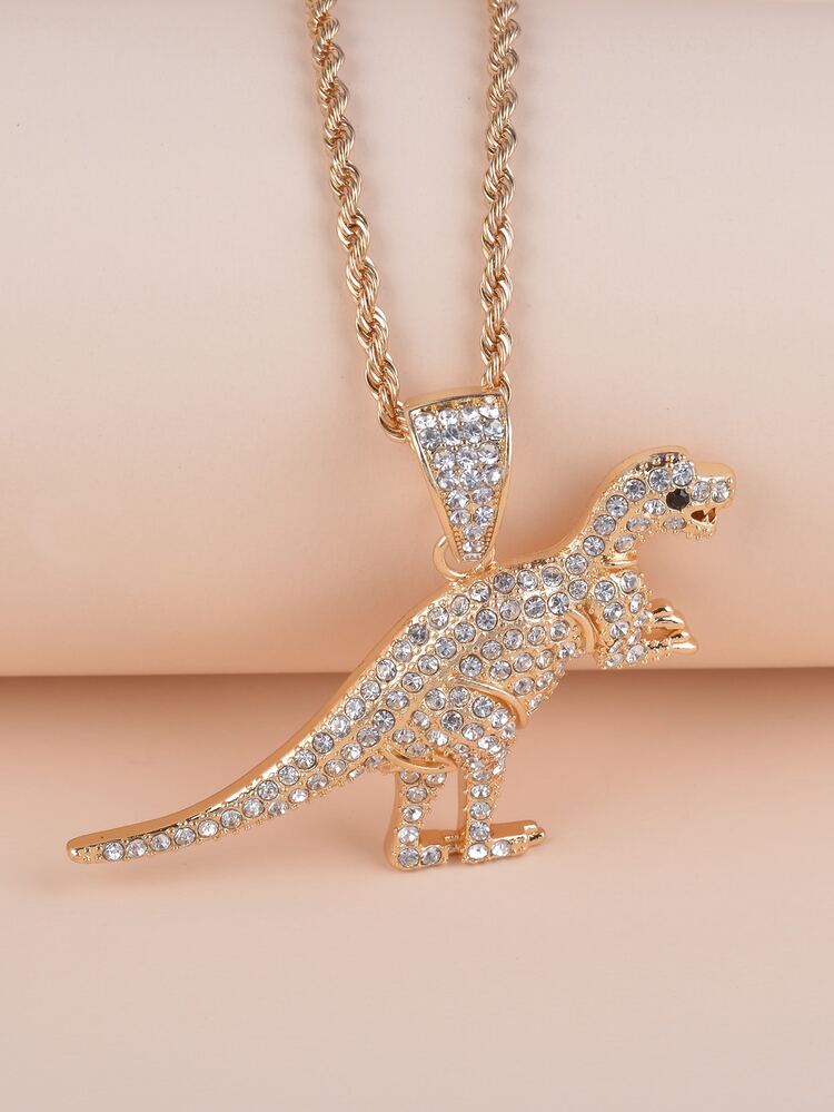 Rhinestone Dinosaur Charm Necklace - Yellow Gold - View 6