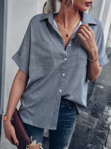 條紋圖案補丁貼口袋蝙蝠袖襯衫 - 藍白色 - 查看 1