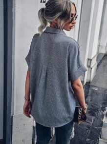 條紋圖案補丁貼口袋蝙蝠袖襯衫 - 藍白色 - 查看 2