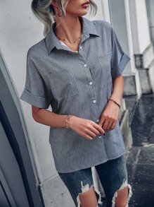 條紋圖案補丁貼口袋蝙蝠袖襯衫 - 藍白色 - 查看 3