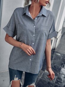 條紋圖案補丁貼口袋蝙蝠袖襯衫 - 藍白色 - 查看 4