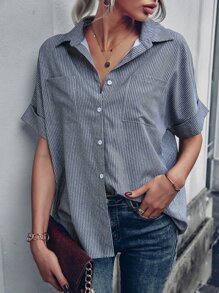 條紋圖案補丁貼口袋蝙蝠袖襯衫 - 藍白色 - 查看 5