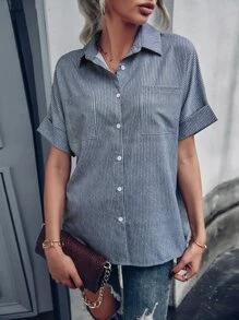 條紋圖案補丁貼口袋蝙蝠袖襯衫 - 藍白色 - 查看 6