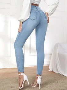 SHEIN Essnce Quần jean nữ Nút Túi Dây kéo màu trơn - Rửa nhẹ - Xem 2