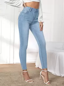 SHEIN Essnce Quần jean nữ Nút Túi Dây kéo màu trơn - Rửa nhẹ - Xem 5