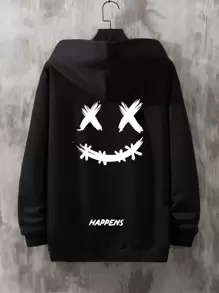 Manfinity Hombres Capucha con estampado de dibujos animados y letra con diseño con cordón - Negro - Ver 1