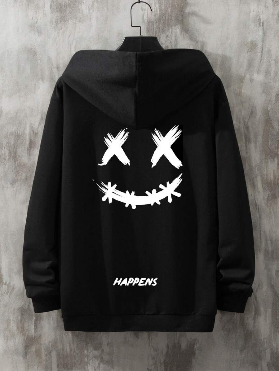 Manfinity Hombres Capucha con estampado de dibujos animados y letra con diseño con cordón - Negro - Ver 1