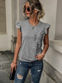 SHEIN LUNE 荷葉邊口袋貼布T恤 - 灰色 - 查看 1