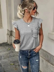 SHEIN LUNE 荷葉邊口袋貼布T恤 - 灰色 - 查看 3