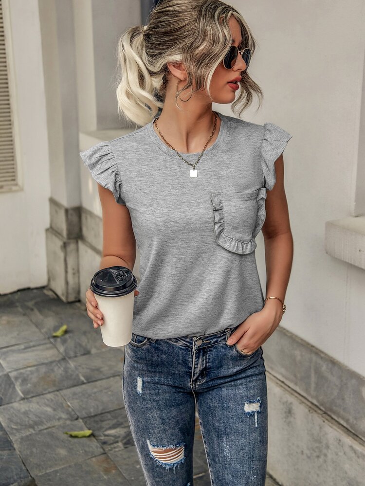 SHEIN LUNE Áo thun nữ Túi Xù màu trơn Giải trí - Xám - Xem 3