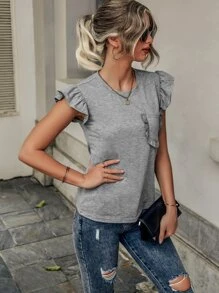 SHEIN LUNE 荷葉邊口袋貼布T恤 - 灰色 - 查看 4