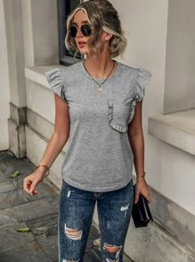 SHEIN LUNE 荷葉邊口袋貼布T恤 - 灰色 - 查看 6