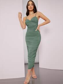 SHEIN BAE Đầm Lộ Lưng Xù Trọn gói màu trơn Thanh lịch - màu xanh lá - Xem 1