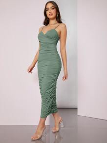 SHEIN BAE Đầm Lộ Lưng Xù Trọn gói màu trơn Thanh lịch - màu xanh lá - Xem 3