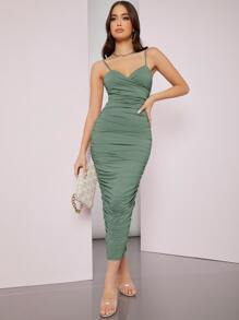 SHEIN BAE Đầm Lộ Lưng Xù Trọn gói màu trơn Thanh lịch - màu xanh lá - Xem 4