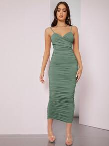 SHEIN BAE Đầm Lộ Lưng Xù Trọn gói màu trơn Thanh lịch - màu xanh lá - Xem 5