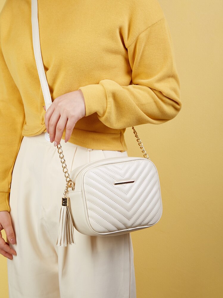 輕量商務休閒流蘇裝飾 V 形方形包適合青少年女孩女大學生、菜鳥和白領，非常適合辦公室、大學、工作、商務、通勤、戶外、旅行、郊遊 - 米色 - 查看 2