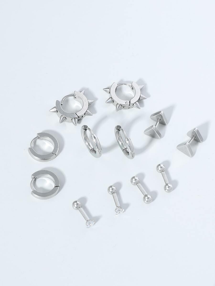 Fashionable and Popular 6pairs Men Stainless Steel Earrings for Jewelry Gift and for a Stylish Look - Silver - View 1