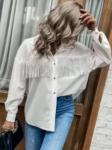 SHEIN LUNE Camisa de hombros caídos con diamante de imitación ribete con fleco - Beis - Ver 1