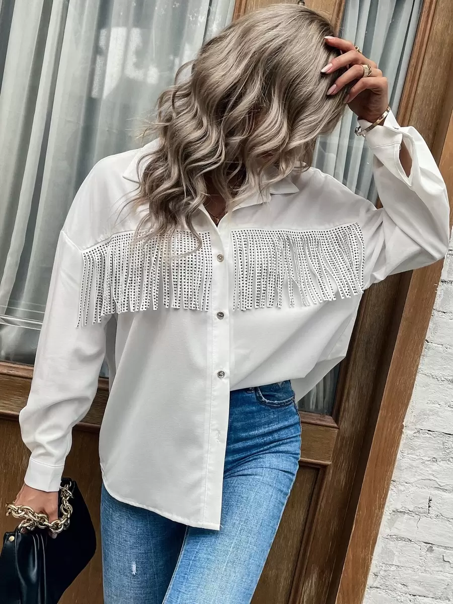 SHEIN LUNE Camisa de hombros caídos con diamante de imitación ribete con fleco - Beis - Ver 1