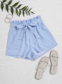 豎條紋紙袋型腰附腰帶短褲 - 藍白色 - 查看 1