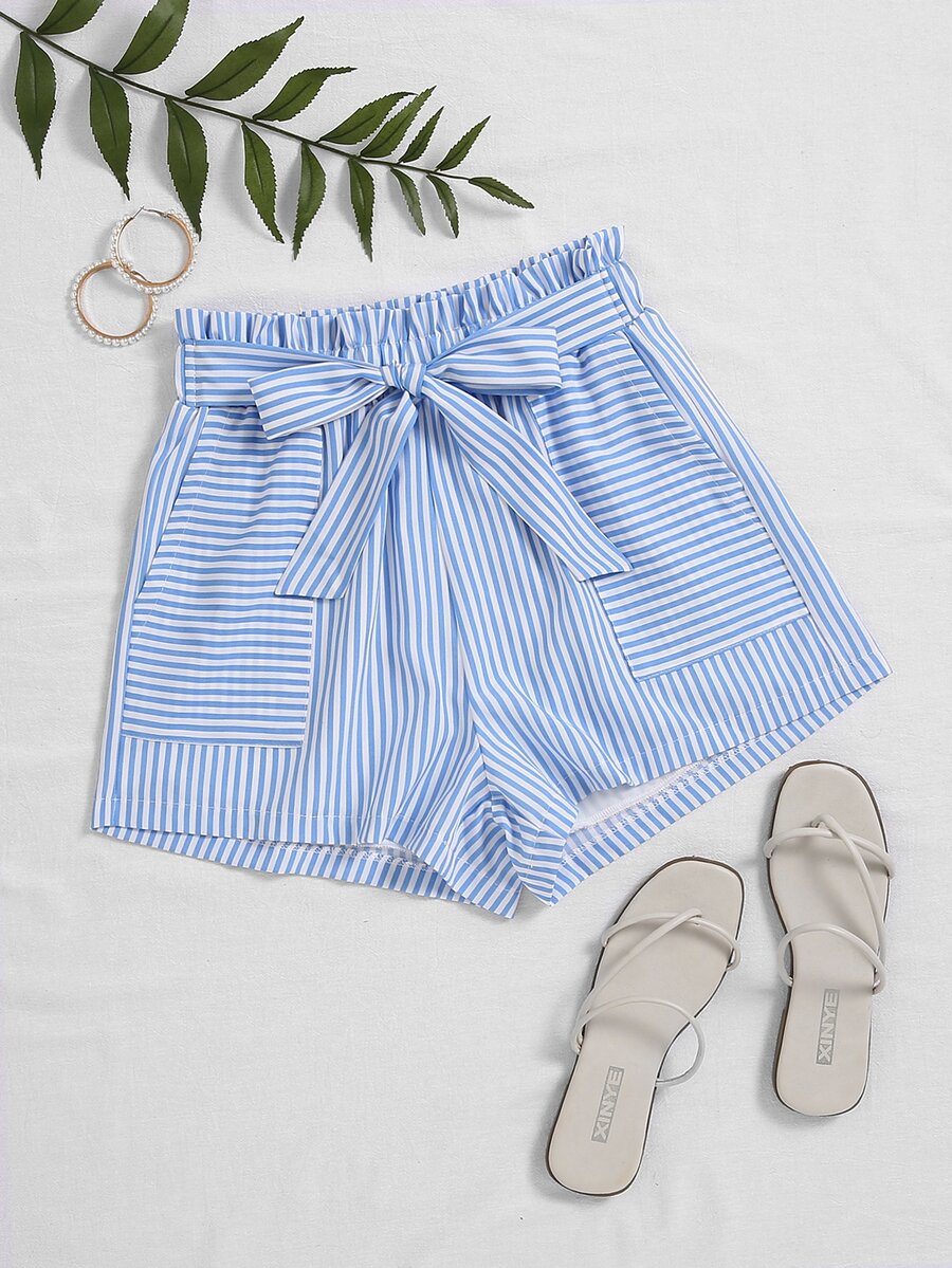 豎條紋紙袋型腰附腰帶短褲 - 藍白色 - 查看 1