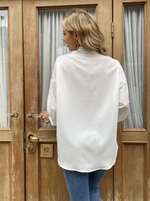 SHEIN LUNE Camisa de hombros caídos con diamante de imitación ribete con fleco - Beis - Ver 2