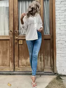 SHEIN LUNE Camisa de hombros caídos con diamante de imitación ribete con fleco - Beis - Ver 3