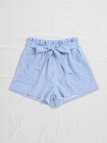 豎條紋紙袋型腰附腰帶短褲 - 藍白色 - 查看 3