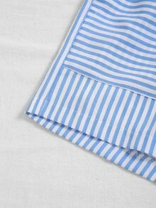 豎條紋紙袋型腰附腰帶短褲 - 藍白色 - 查看 4
